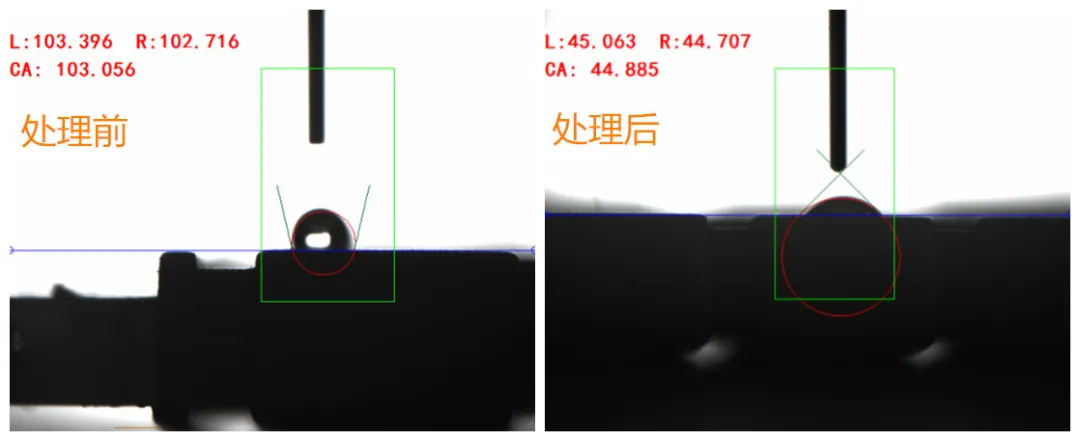 讯博P红色表带与PP蓝色表带。PP塑料表带等离子处理后润湿性的变化.PP表带样品初始的水滴角度分别为114.5度和103.1度，属于疏水产品，而在经过等离子处理后，水滴角度分别达到19.90度和44.9度，通过等离子处理后PP塑料表面由疏水变成亲水，润湿性能大大增加。